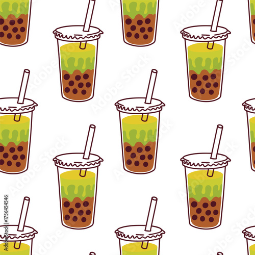 Seamless pattern of green bubble tea drinks in plastic cups with straws. Sweet refreshing Asian beverage design for backgrounds and prints.