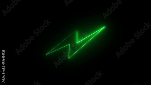 Glowing neon green charging icon Electric Teal Lightning Bolt with Whimsical Dimension and Glow Effect on a black background.4k video.