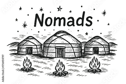 Nomad Yurt Campfire. Hand-drawn nomad camp with yurts, stars, and fires, center word “Nomads” in black and white isolated