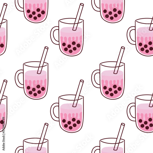 Seamless pattern of pink bubble tea drinks in glass mugs with straws. Cute Asian beverage design for packaging and textile prints.