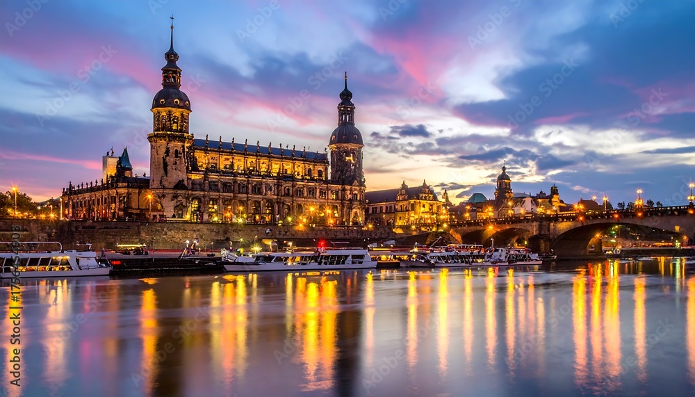 Fototapeta premium A stunning cityscape at dusk showcases a grand building illuminated with many lights reflected on a body of water, with various boats and a bridge in the scene