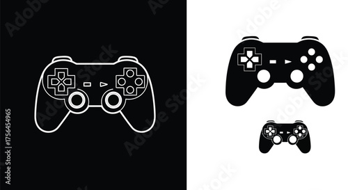 Vector illustration of black and white graphic of video game controllers, one outlined and one solid, with a smaller controller silhouette