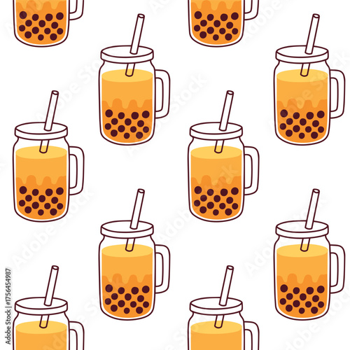 Seamless pattern of yellow bubble tea drinks with tapioca pearls in glass mugs. Sweet refreshing beverage design for backgrounds and prints.
