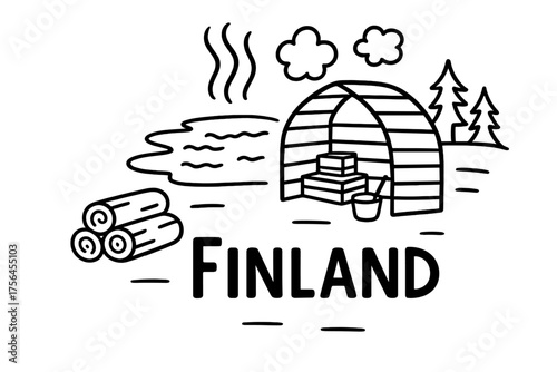 Finnish Sauna Doodle. Doodle finnish sauna with logs, steam, and lakes, center word “Finland” in black and white isolated