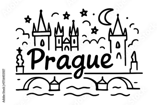 Prague Night Doodle. Doodle czech prague scene with bridges, towers, and stars, center word “Prague” in black and white isolated