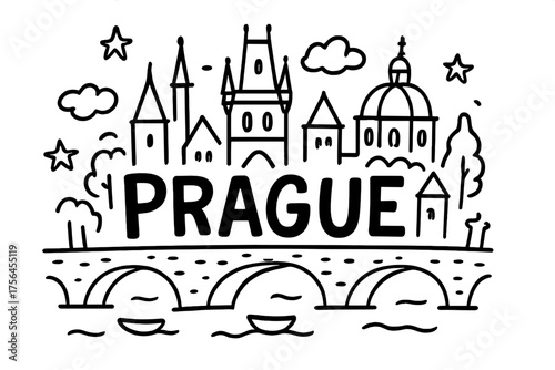Prague Night Doodle. Doodle czech prague scene with bridges, towers, and stars, center word “Prague” in black and white isolated