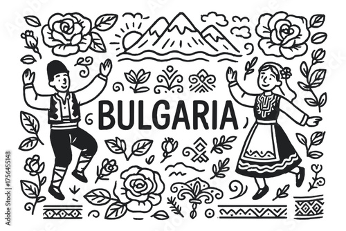 Bulgarian Folklore Doodle. Doodle bulgarian folklore with roses, dancers, and mountains, center word “Bulgaria” in black and white