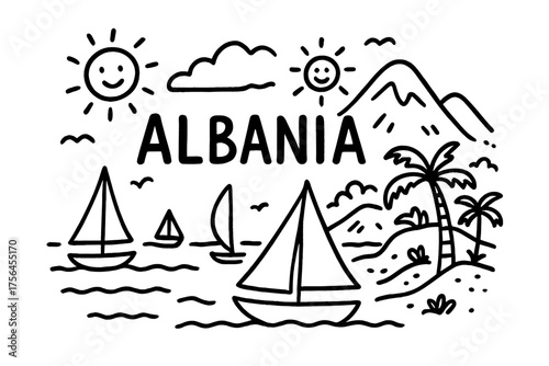 Albanian Coast Doodle. Doodle albanian coast with boats, suns, and mountains, center word “Albania” in black and white isolated