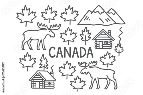 Canada Doodle Art. Doodle canadian maple leaves with moose, cabins, and mountains, center word “Canada” in black and white