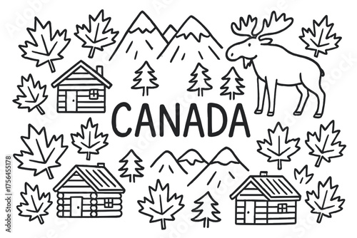 Canada Doodle Art. Doodle canadian maple leaves with moose, cabins, and mountains, center word “Canada” in black and white