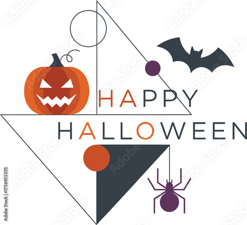 Celebrate spooky season with this modern geometric Halloween design featuring a grinning pumpkin, bat, and spider for festive invitations and decor.