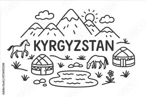 Kyrgyzstan Doodle Landscape. Doodle kyrgyz mountains with yurts, horses, and lakes, center word “Kyrgyzstan” in black and white
