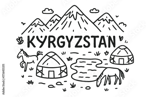 Kyrgyzstan Doodle Landscape. Doodle kyrgyz mountains with yurts, horses, and lakes, center word “Kyrgyzstan” in black and white