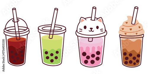 Set of colorful bubble tea drinks in cups with kawaii animal faces and tapioca pearls. Cute design for kids and packaging.