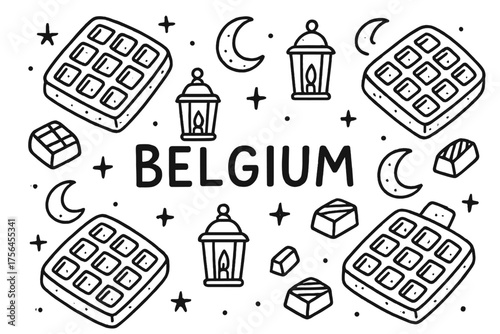 Belgium Waffle Doodle. Doodle belgian waffles with chocolates, moons, and lanterns, center word “Belgium” in black and white