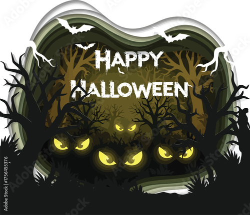 Spooky Happy Halloween forest scene with glowing monster eyes and flying bats creates a mysterious and eerie atmosphere for seasonal celebrations.
