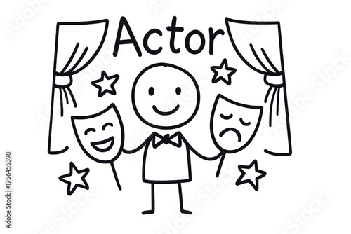 Theatrical Actor Doodle. Doodle actor with masks, curtains, and stars, center word “Actor” in black and white isolated transparent