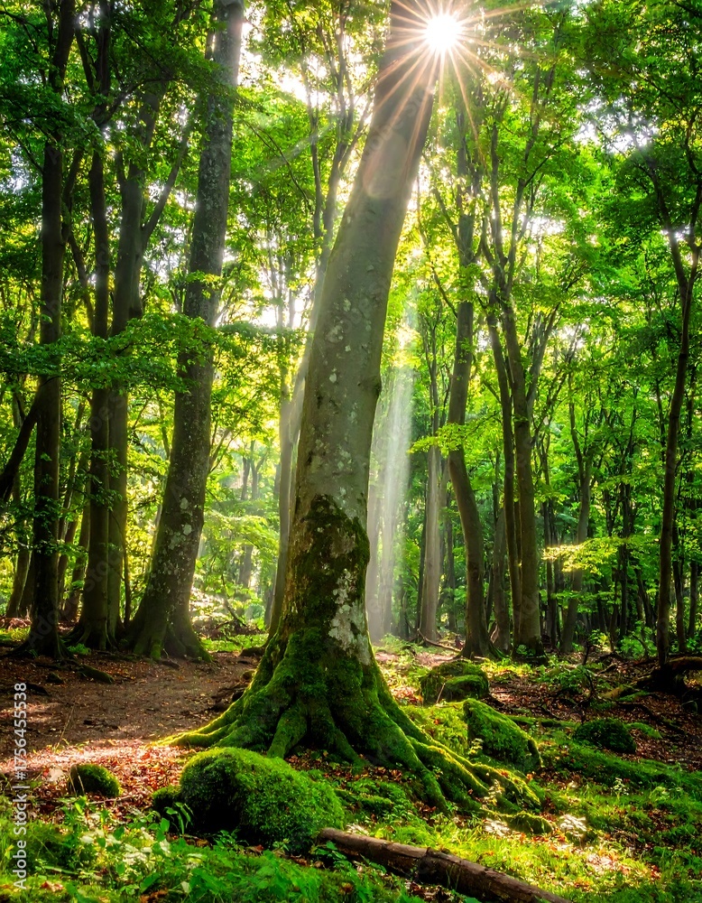 Fototapeta premium Sunlight streams through a vibrant forest, illuminating tall trees with rich green foliage