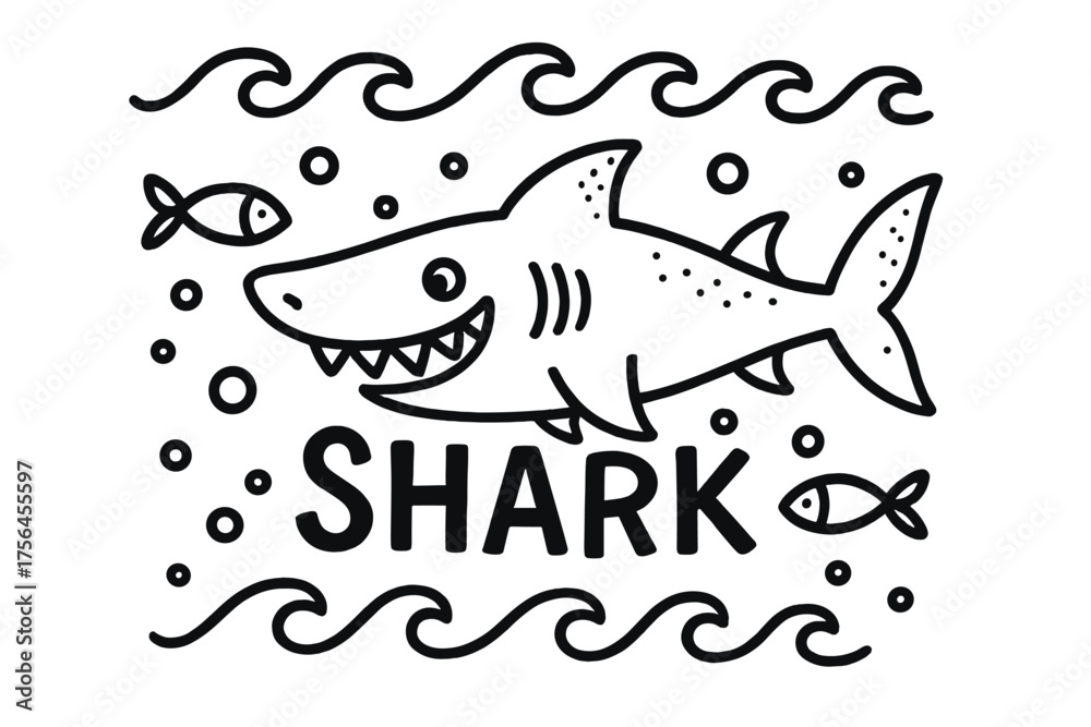 Fototapeta premium Doodle Shark Scene. Doodle shark with waves, fish, and bubbles, center word “Shark” in black and white isolated transparent