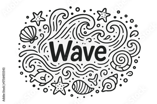 Doodle Wave Elements. Doodle wave with shells, fish, and stars, center word “Wave” in black and white isolated transparent