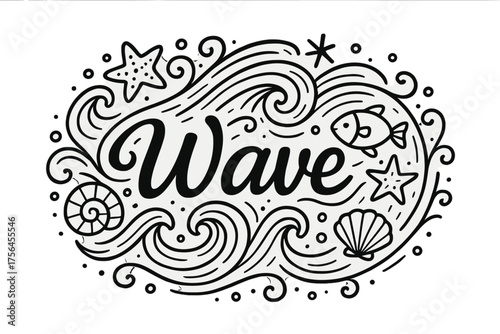 Doodle Wave Elements. Doodle wave with shells, fish, and stars, center word “Wave” in black and white isolated transparent