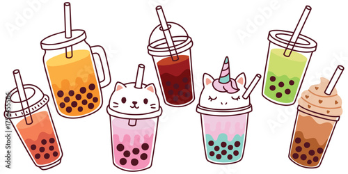 Collection of bubble tea drinks in kawaii style with bunny, cat, unicorn characters. Fun design for kids and packaging.