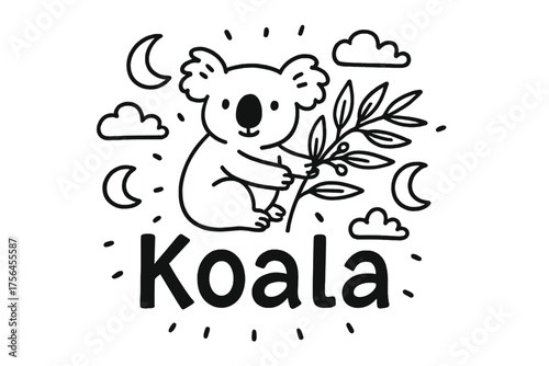 Doodle Koala Art. Doodle koala with eucalyptus, moons, and clouds, center word “Koala” in black and white isolated transparent