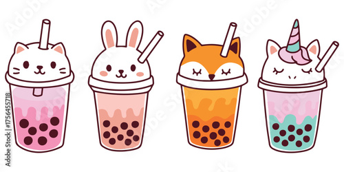 Row of kawaii bubble tea drinks with cute animal characters and tapioca pearls. Fun and colorful design for packaging and kids.