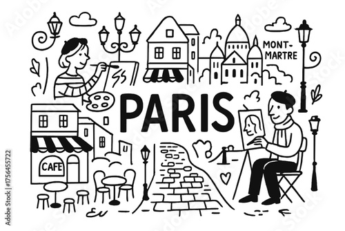 Paris Montmartre Doodle. Doodle paris montmartre with artists, cafés, and lanterns, center word “Paris” in black and white
