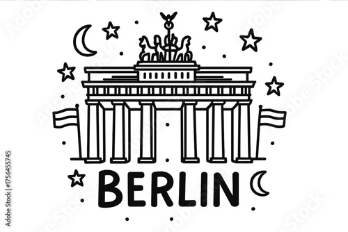 Berlin Doodle Art. Doodle berlin brandenburg gate with stars, moons, and flags, center word “Berlin” in black and white isolated