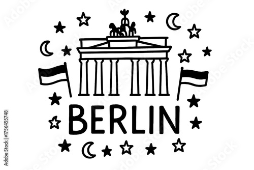 Berlin Doodle Art. Doodle berlin brandenburg gate with stars, moons, and flags, center word “Berlin” in black and white isolated