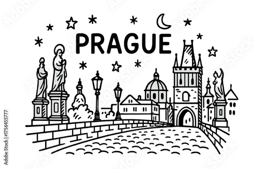 Prague Bridge Doodle. Doodle prague charles bridge with statues, stars, and lanterns, center word “Prague” in black and white