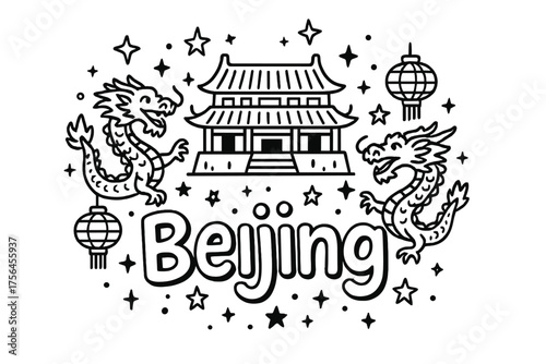 Beijing Doodle Art. Doodle beijing forbidden city with stars, dragons, and lanterns, center word “Beijing” in black and white