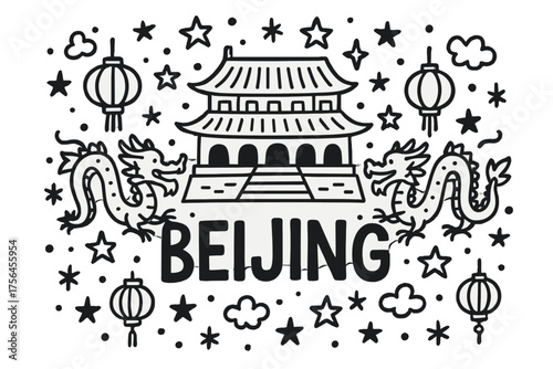 Beijing Doodle Art. Doodle beijing forbidden city with stars, dragons, and lanterns, center word “Beijing” in black and white
