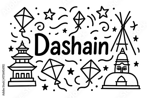 Dashain Festival Doodle. Doodle nepal dashain with kites, temples, and stars, center word “Dashain” in black and white isolated