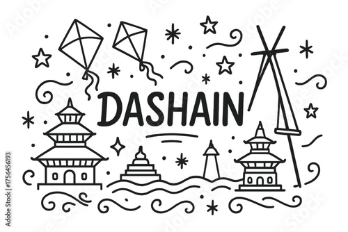 Dashain Festival Doodle. Doodle nepal dashain with kites, temples, and stars, center word “Dashain” in black and white isolated