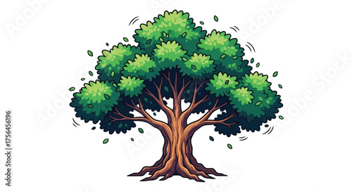 Vector illustration of a stylized, cartoonish illustration of a mature deciduous tree with a thick trunk, spreading branches, and vibrant green leaves, isolated on a
