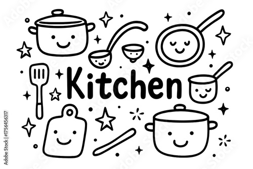Joyful Kitchen Doodle. Doodle kitchen with smiling pots, pans, and stars, center word “Kitchen” in black and white isolated