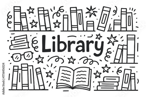 Doodle Library Room. Doodle library room with books, stars, and glasses, center word “Library” in black and white isolated