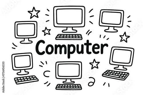 Doodle Computer Design. Doodle computer with screens, stars, and keyboards, center word “Computer” in black and white isolated