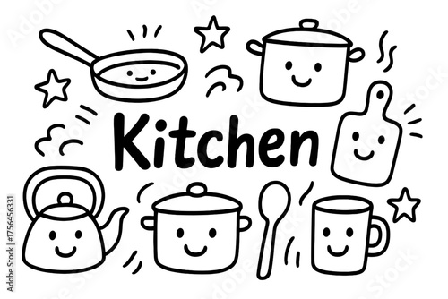 Joyful Kitchen Doodle. Doodle kitchen with smiling pots, pans, and stars, center word “Kitchen” in black and white isolated