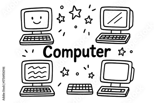 Doodle Computer Design. Doodle computer with screens, stars, and keyboards, center word “Computer” in black and white isolated