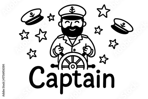 Captain Doodle Art. Doodle captain with stars, hats, and steering wheel, center word “Captain” in black and white isolated