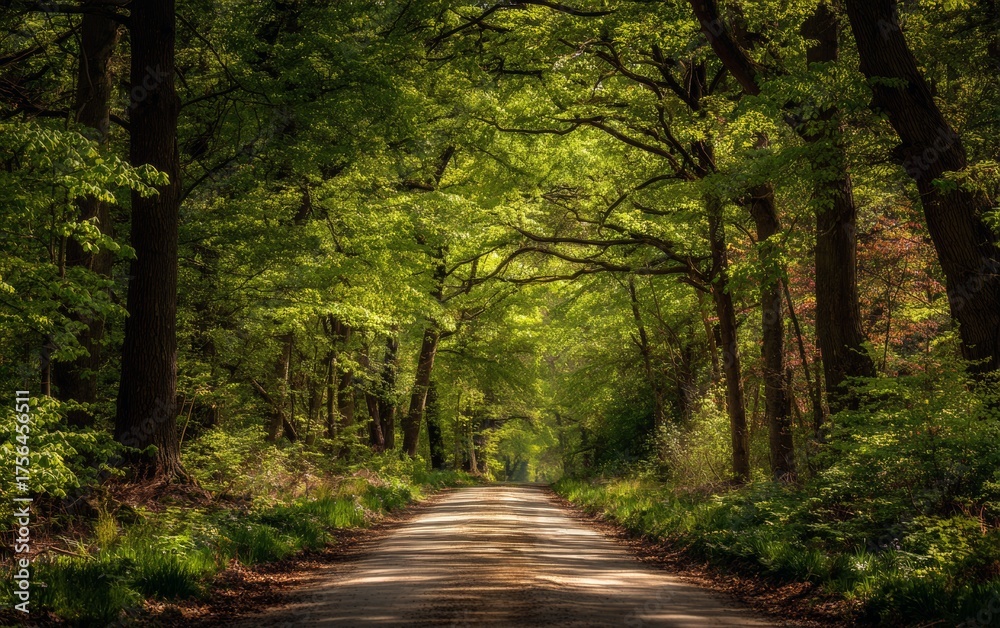 Naklejka premium Scenic forest road surrounded by tall green trees and sunlight filtering through foliage, peaceful woodland path symbolizing nature, serenity, and outdoor exploration 