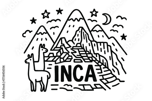Inca Doodle Scene. Doodle inca machu picchu with stars, llamas, and mountains, center word “Inca” in black and white isolated
