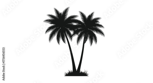 Vector illustration of silhouette of two palm trees with grass