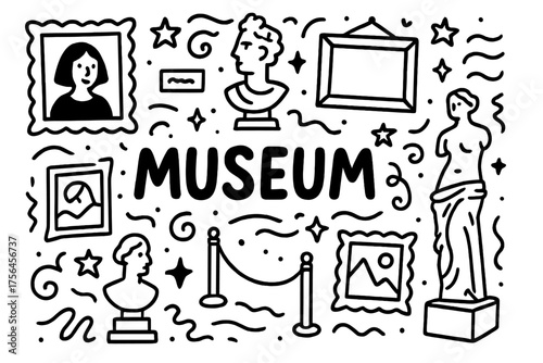 Doodle Art Museum. Doodle art museum with stars, frames, and sculptures, center word “Museum” in black and white isolated