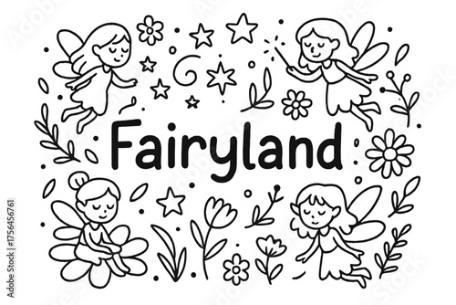 Fairyland Doodle Dreamscape. Doodle fairyland with stars, fairies, and flowers, center word “Fairyland” in black and white
