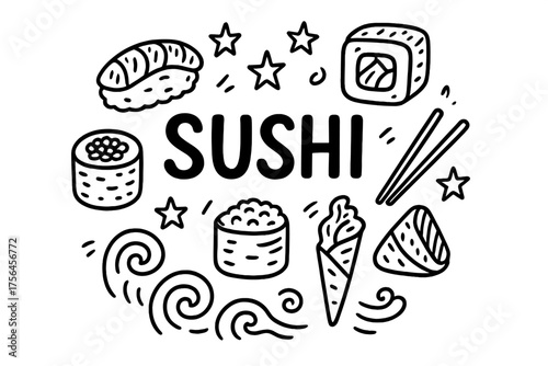 Sushi Doodle Art. Doodle japanese sushi set with stars, chopsticks, and waves, center word “Sushi” in black and white isolated