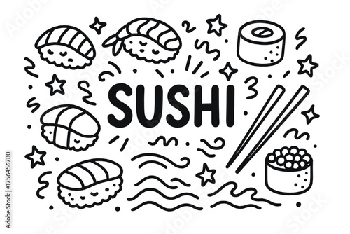 Sushi Doodle Art. Doodle japanese sushi set with stars, chopsticks, and waves, center word “Sushi” in black and white isolated